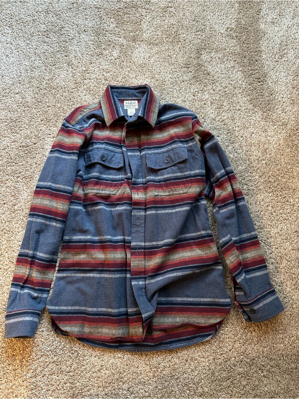 L.L.Bean Striped 100% Cotton Button Shirt - Blue, Burgundy, and Gray